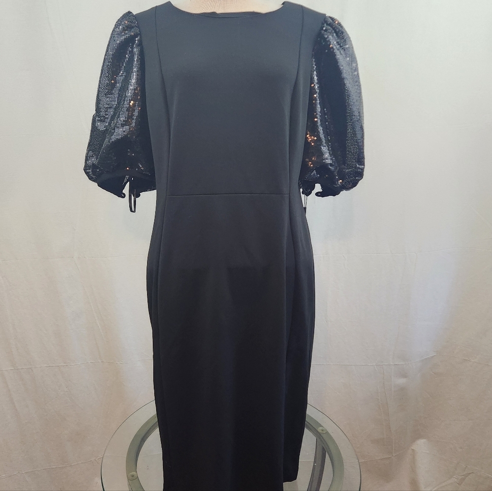 Calvin Klein Black Dress with Sequin Puff Sleeves